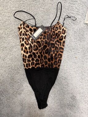Nasty Gal Leopard Print & Black Satin Bodysuit